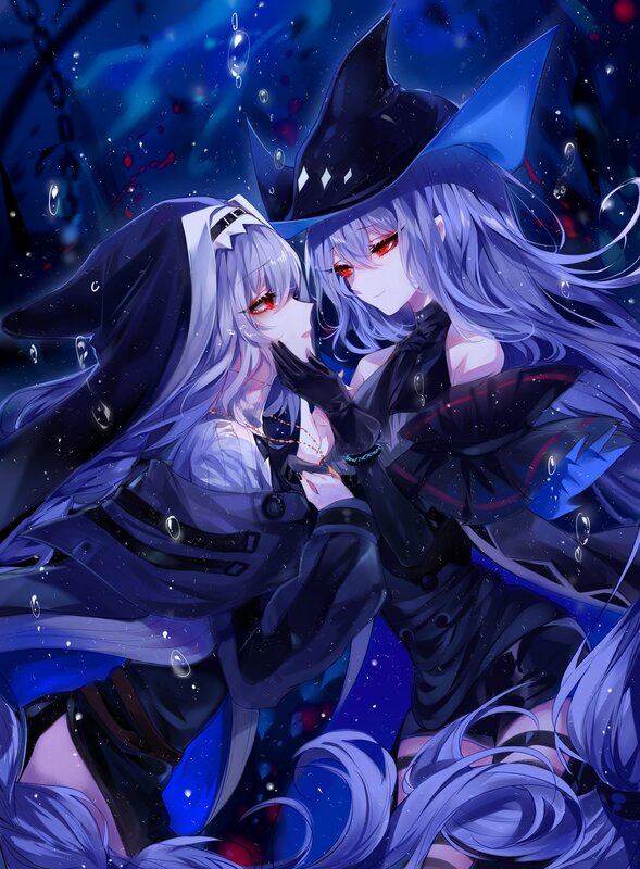 Two Anime Girls Embracing — Blue, Dramatic, Night, Wizards
