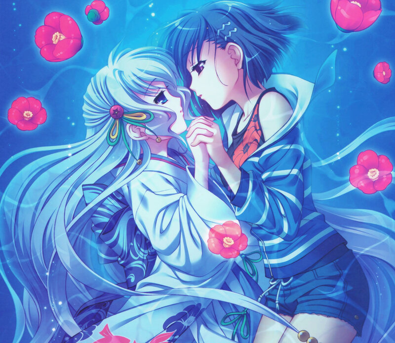 Two Anime Girls Embracing — Blue, Serene