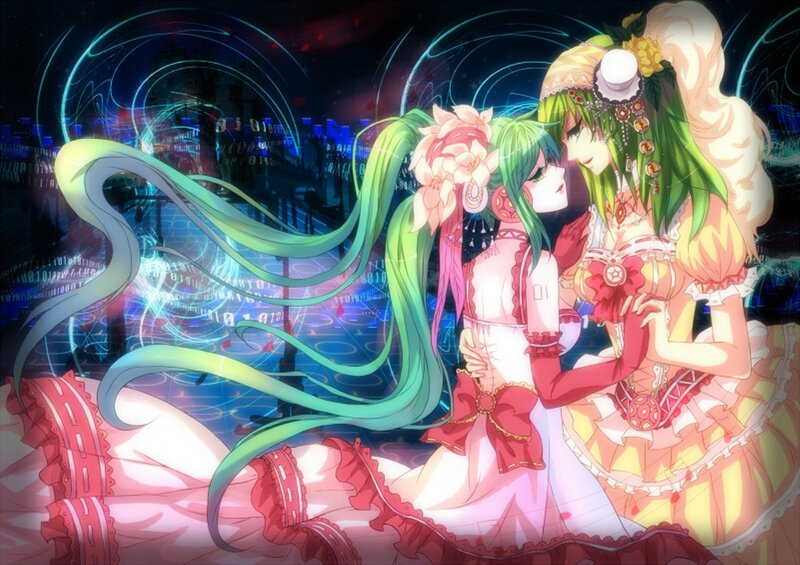 Two Anime Girls Embracing — Green, Dramatic