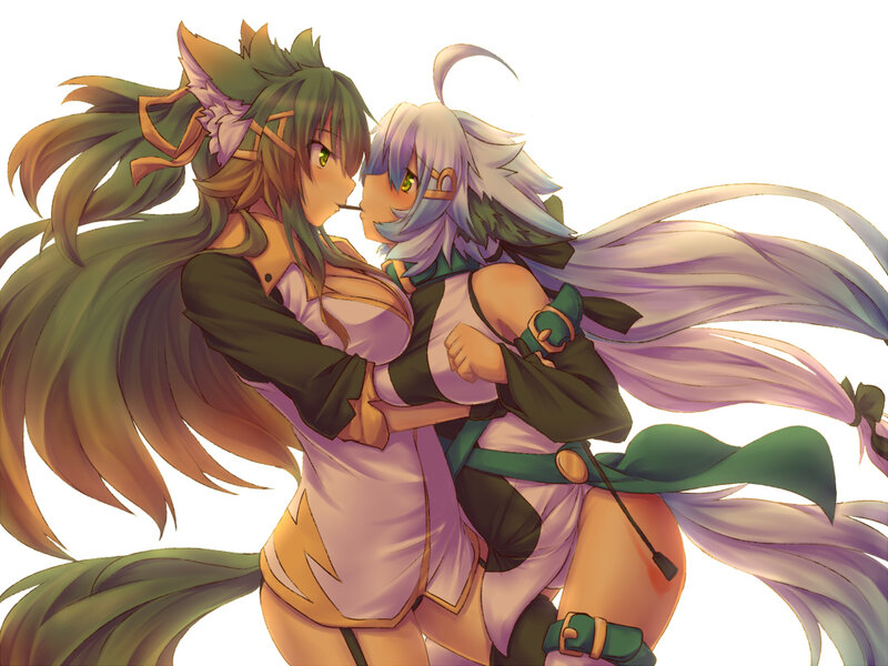 Two Anime Girls Embracing — Green, Intimate