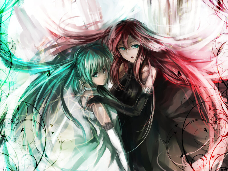 Two Anime Girls Embracing — Green
