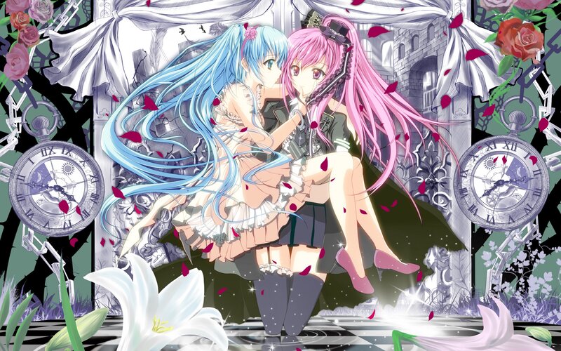 Two Anime Girls Embracing — Pink, Dramatic, Clocks