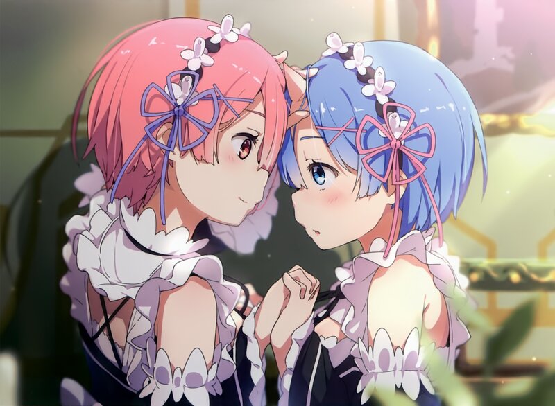 Two Anime Girls Embracing — Pink, Intimate, Flowers