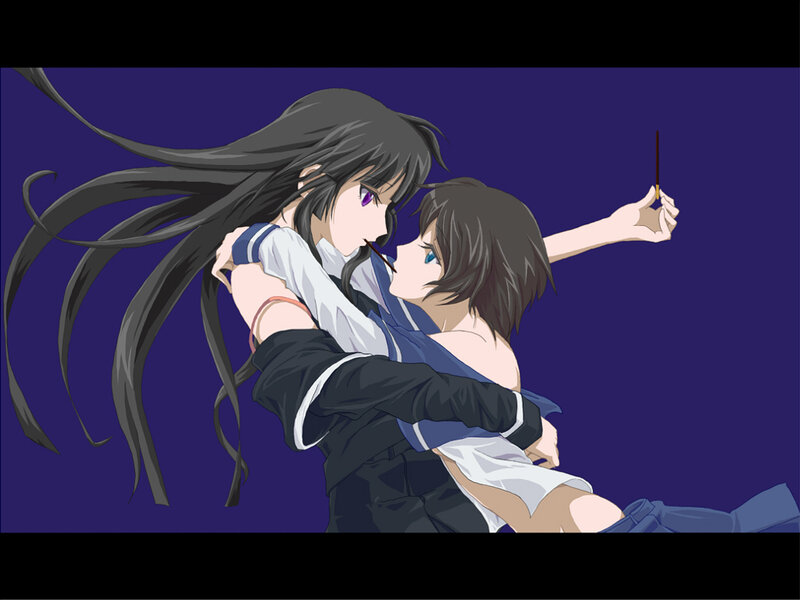 Two Anime Girls Embracing — Purple, Dramatic, Long Hair, School Uniforms