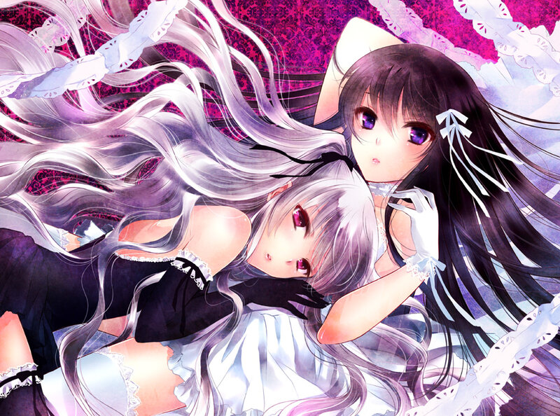 Two Anime Girls Embracing — Purple, Dramatic, Long Hair