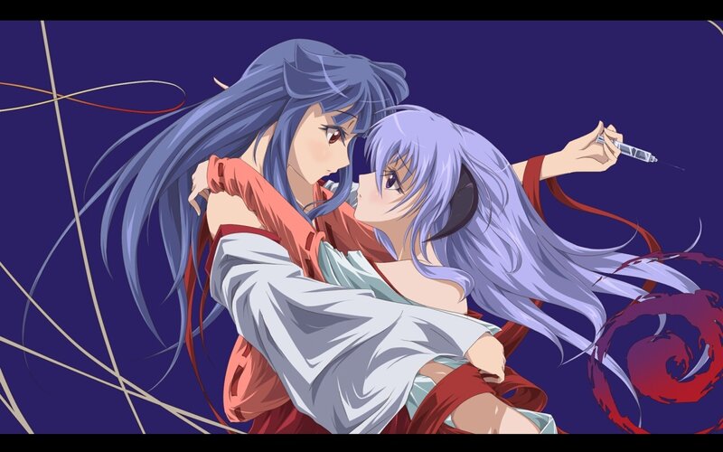 Two Anime Girls Embracing — Purple, Dramatic, Night, Syringe