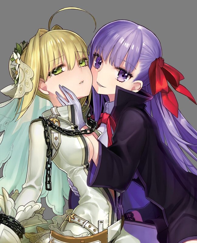 Two Anime Girls Embracing — Purple, Intimate, Chains, Angel Halo