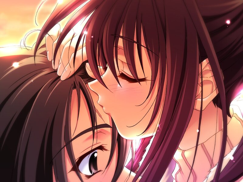 Two Anime Girls Embracing — Purple, Intimate, Sunset