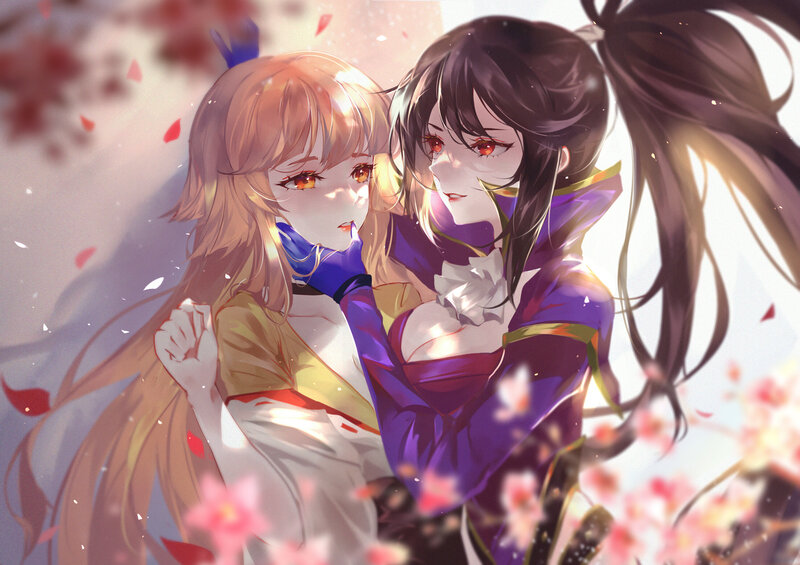 Two Anime Girls Embracing — Purple, Romantic, Spring