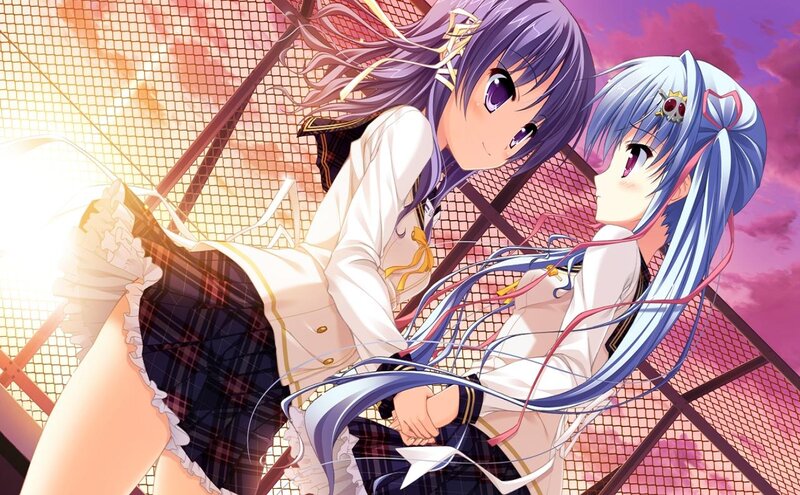 Two Anime Girls Embracing — Purple, Romantic, Sunset