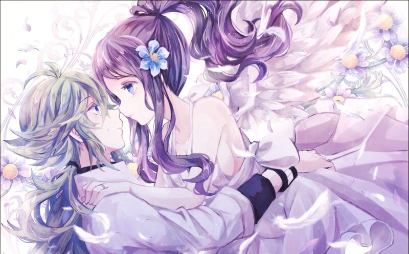 Two Anime Girls Embracing — Purple, Serene
