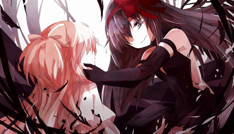 Two Anime Girls Embracing — Red, Dramatic, Long Hair