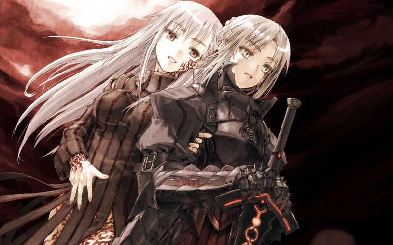 Two Anime Girls Embracing — Red, Dramatic, Sword, Armor