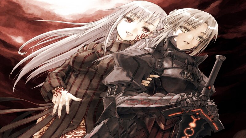 Two Anime Girls Embracing — Red, Dramatic, Sword, Blood