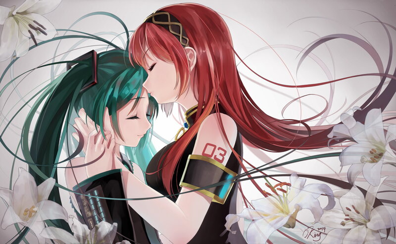 Two Anime Girls Embracing — Red, Serene