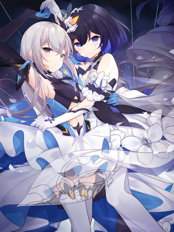 Two Anime Girls Embracing — White, Dramatic, Night