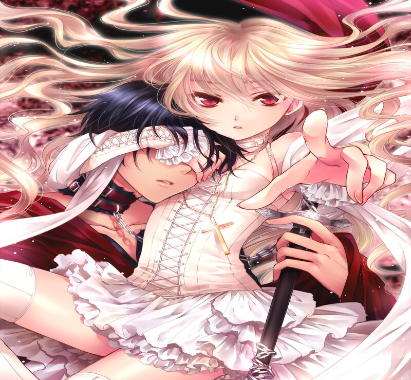Two Anime Girls Embracing — White, Dramatic, Sword, Cross Necklace