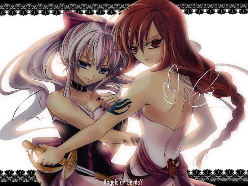 Two Anime Girls Embracing — White, Dramatic, Sword, Tattoo