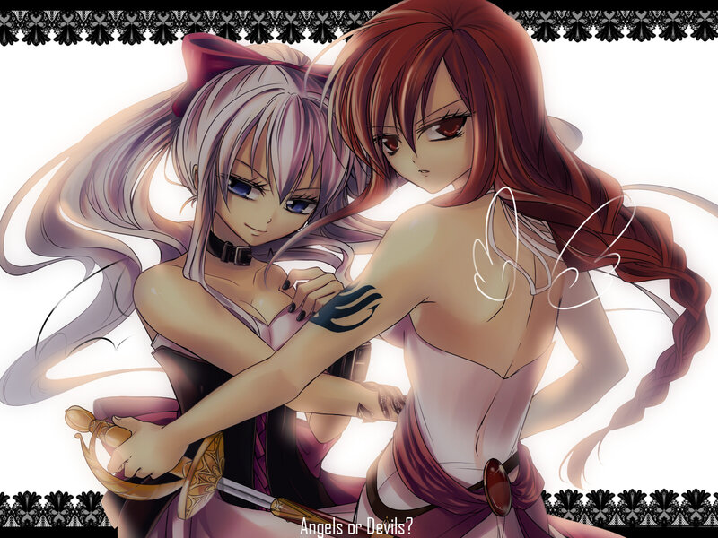 Two Anime Girls Embracing — White, Dramatic, Sword
