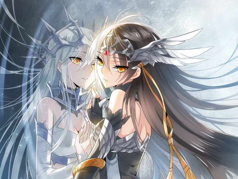 Two Anime Girls Embracing — White, Dramatic, Wings, Armor