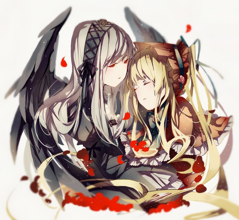 Two Anime Girls Embracing — White, Dramatic, Wings