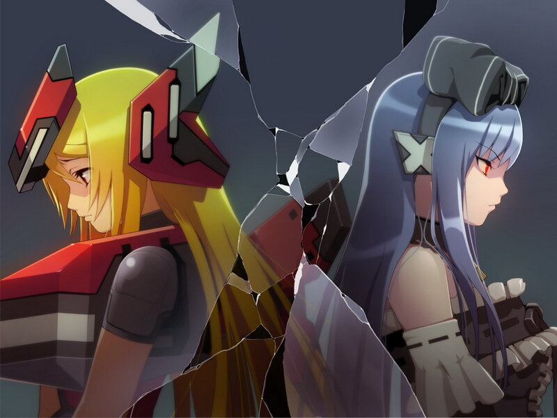 Two Anime Girls Facing Each Other — Blue, Dramatic, Shattered Glass