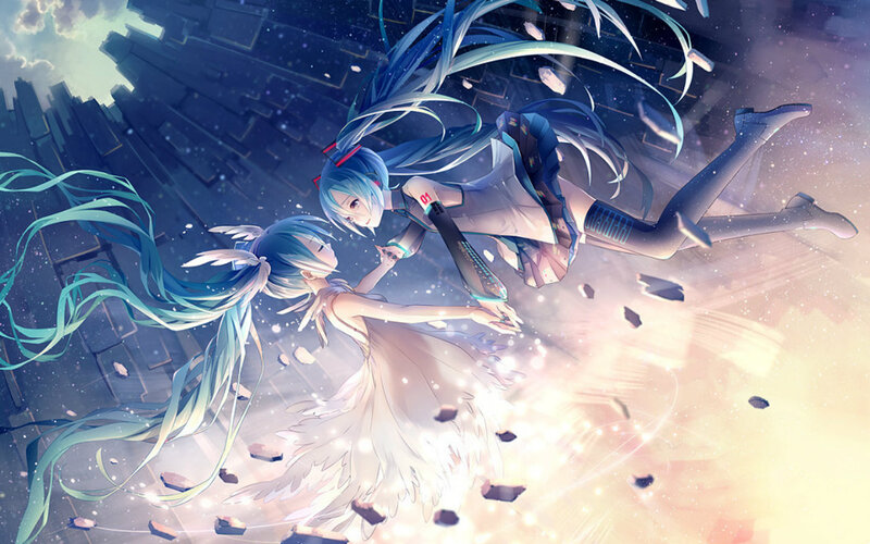 Two Anime Girls Falling — Blue, Dramatic, Digital Art