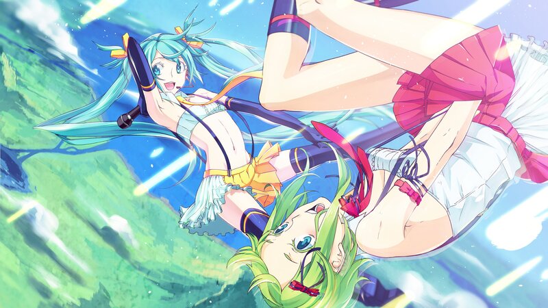 Two Anime Girls Falling — Blue, Dynamic, Microphone