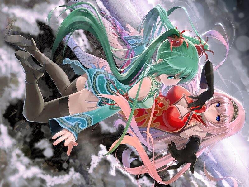Two anime girls falling through clouds