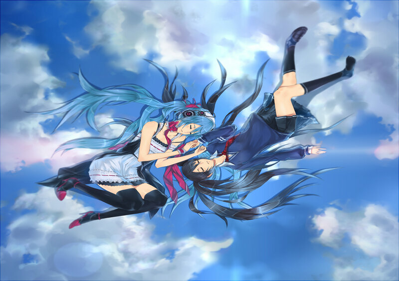 Two anime girls falling through the sky