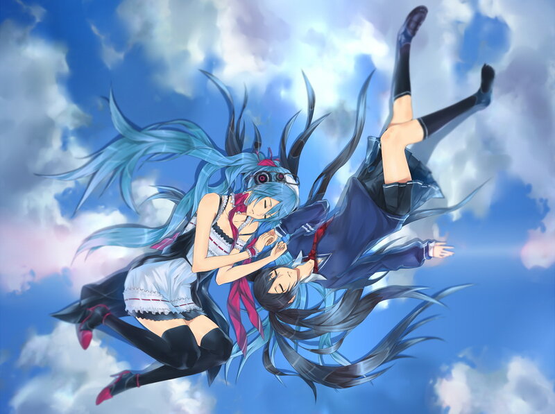 Two anime girls falling through the sky