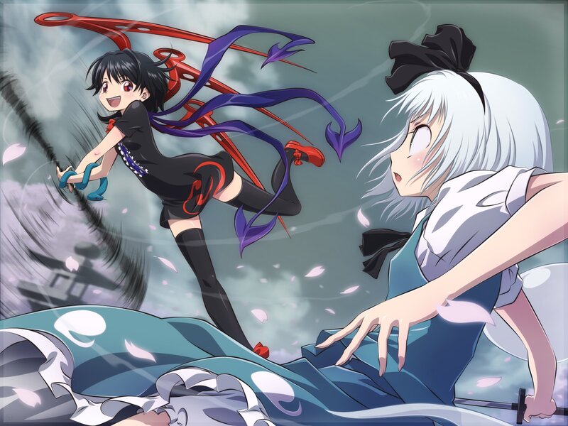 Two Anime Girls Fighting — Black, Dramatic, Spring