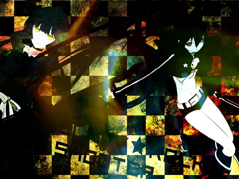 Two Anime Girls Fighting — Black, Dramatic, Swords, Checkered Background