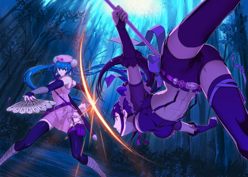 Two Anime Girls Fighting — Blue, Dramatic, Night, Swords, Forest, Sparks