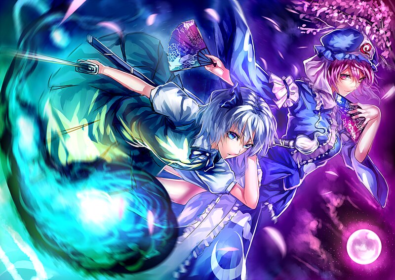 Two Anime Girls Fighting — Blue, Dramatic, Night, Swords