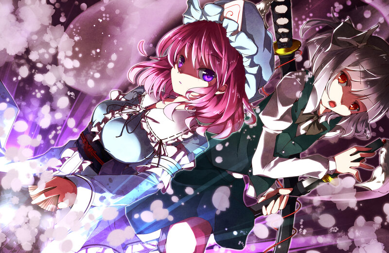 Two Anime Girls Fighting — Purple, Dramatic, Night, Sword