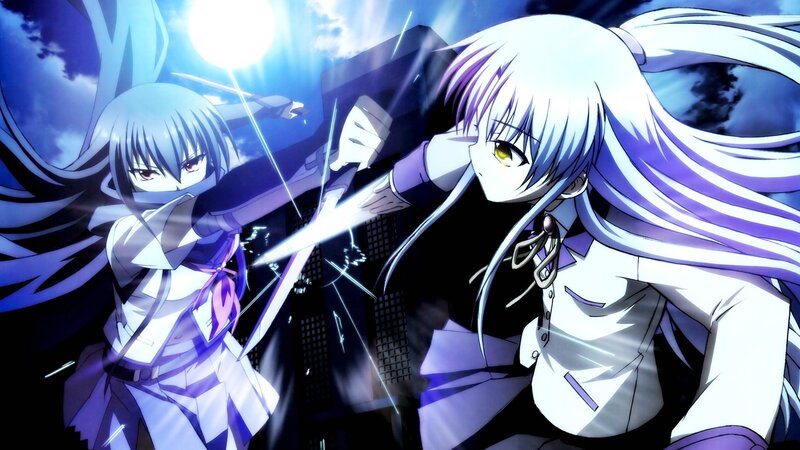 Two Anime Girls Fighting — Purple, Dramatic, Night, Swords, Cityscape, Moon