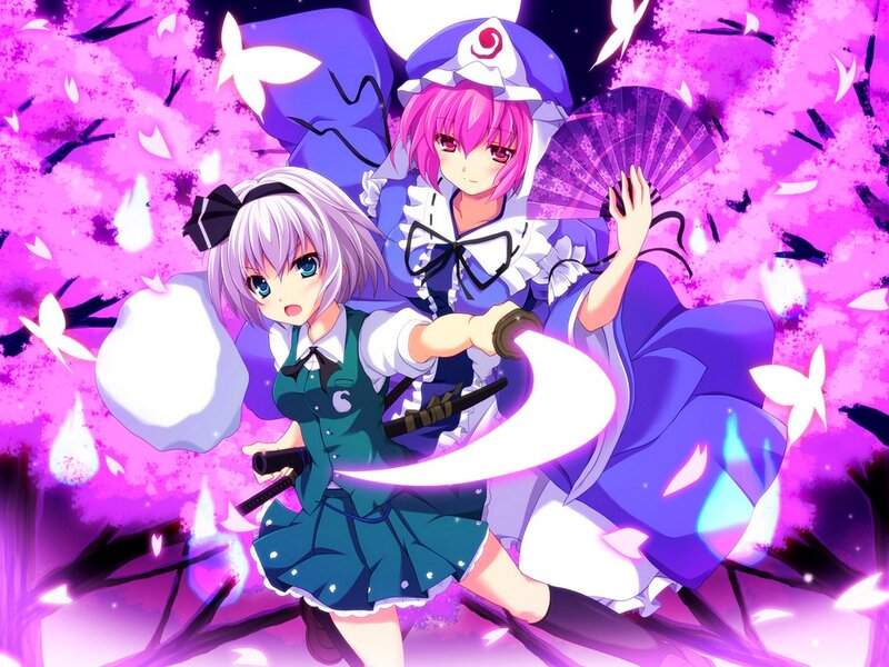 Two Anime Girls Fighting — Purple, Dramatic, Night, Swords, Fans