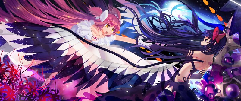 Two Anime Girls Fighting — Purple, Dramatic, Night, Wings, Long Hair
