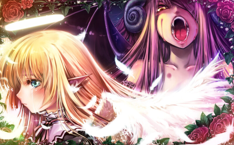 Two Anime Girls Fighting — Purple, Dramatic, Night, Wings