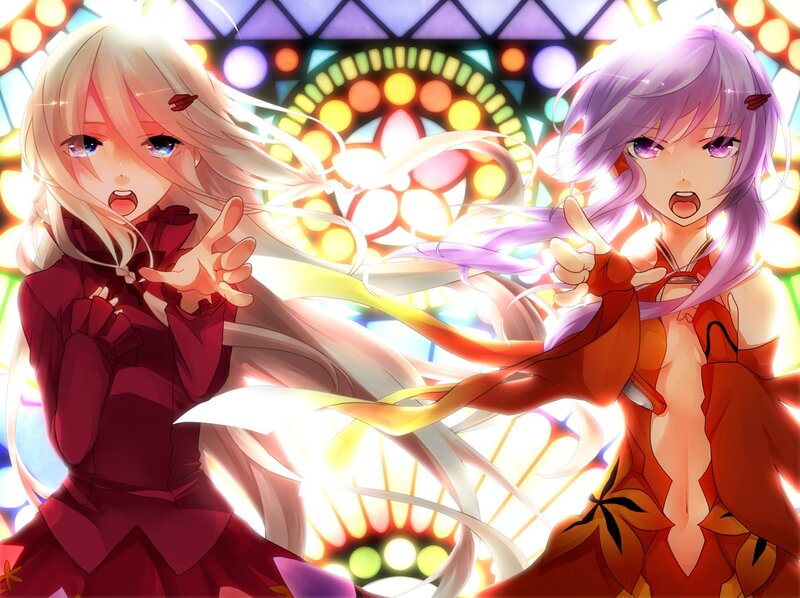Two Anime Girls Fighting — Purple, Dramatic, Stained Glass, Magic