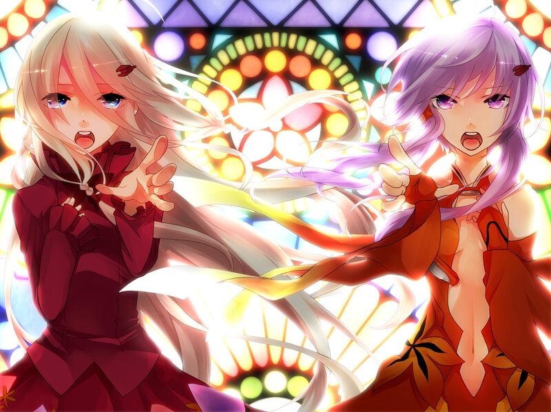 Two Anime Girls Fighting — Purple, Dramatic, Stained Glass
