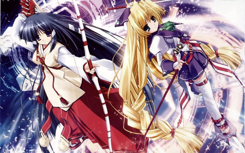 Two Anime Girls Fighting — Purple, Dramatic, Swords, Magic, Brooms