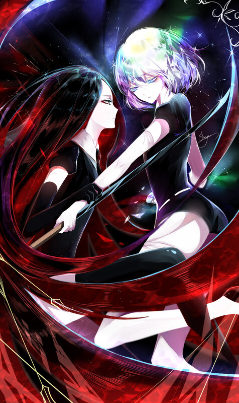 Two Anime Girls Fighting — Red, Dramatic, Swords, Long Hair