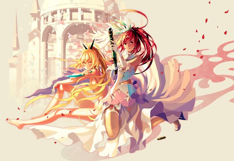 Two Anime Girls Fighting — Red, Dynamic, Spring, Swords