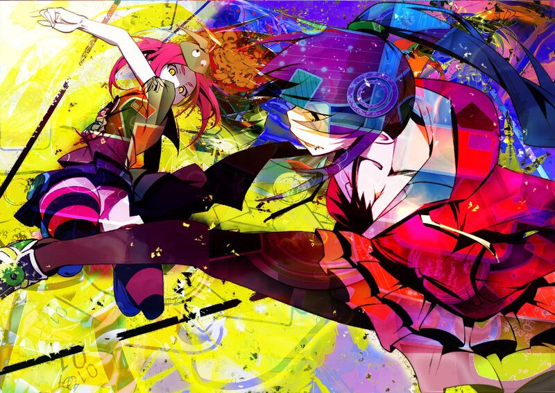 Two Anime Girls Fighting — Yellow, Dynamic, Chaotic