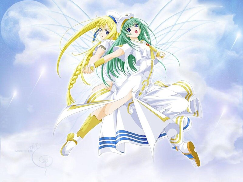 Two anime girls flying in the sky