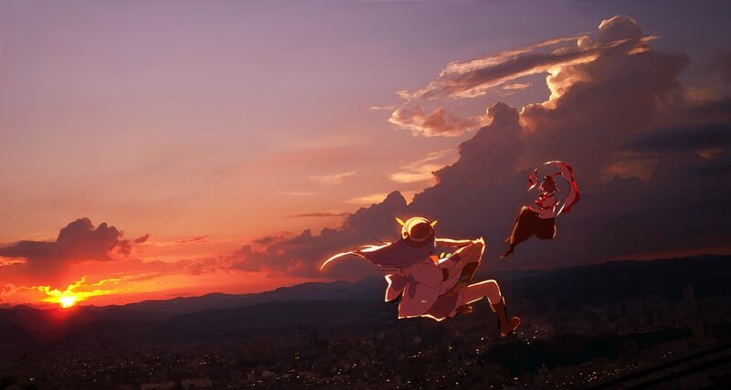 Two Anime Girls Flying — Orange