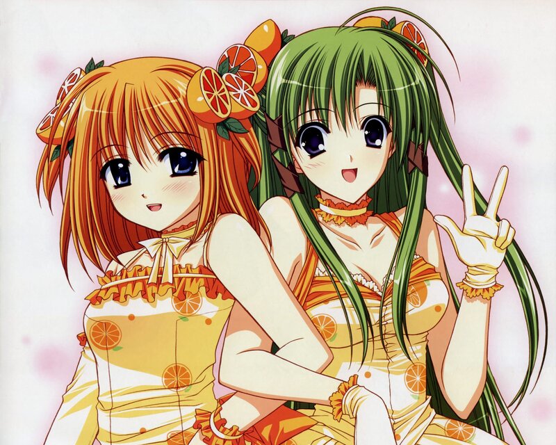 Two Anime Girls — Green, Cheerful, Orange Slices