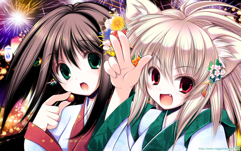 Two Anime Girls — Green, Festive